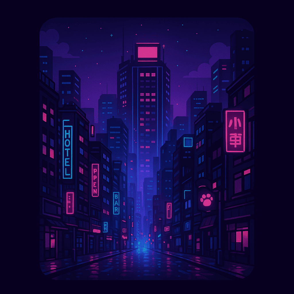 Neon pixel art cityscape with rain-soaked streets at night