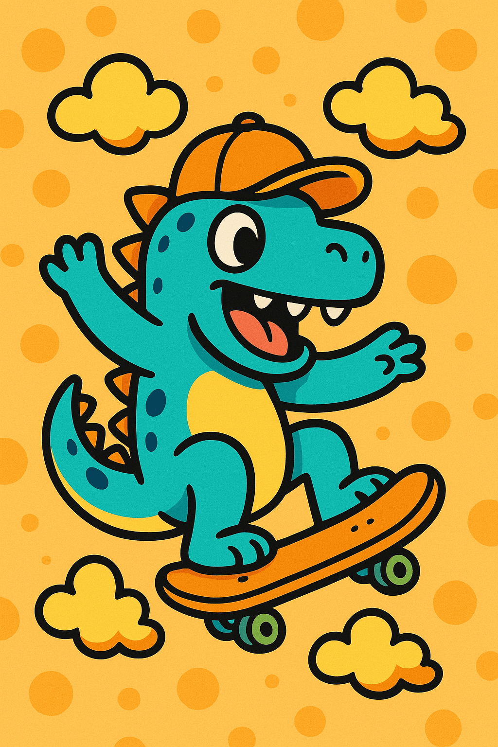 Cute dinosaur character skateboarding with colorful clouds