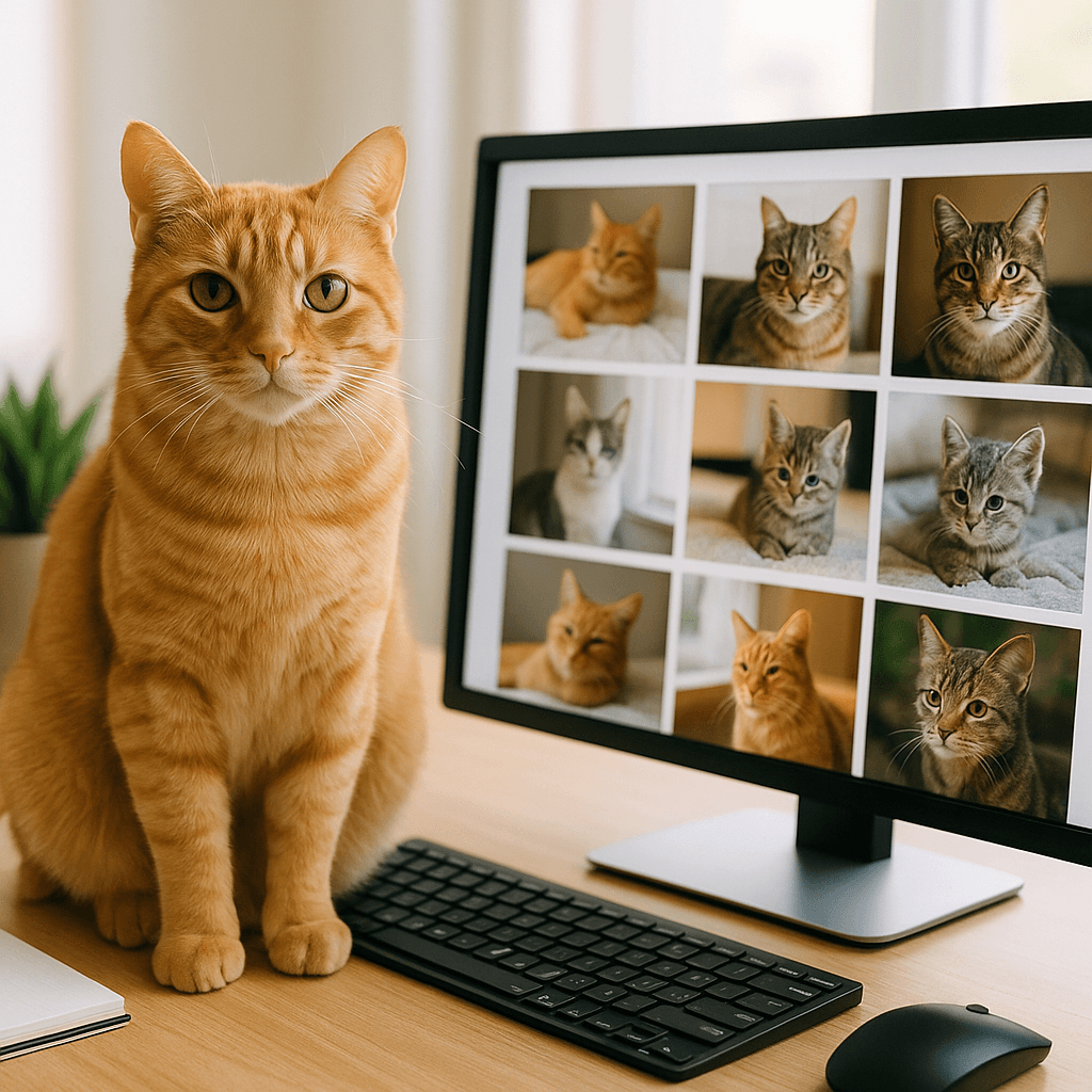 Orange cat sitting in front of a monitor showing cat photos
