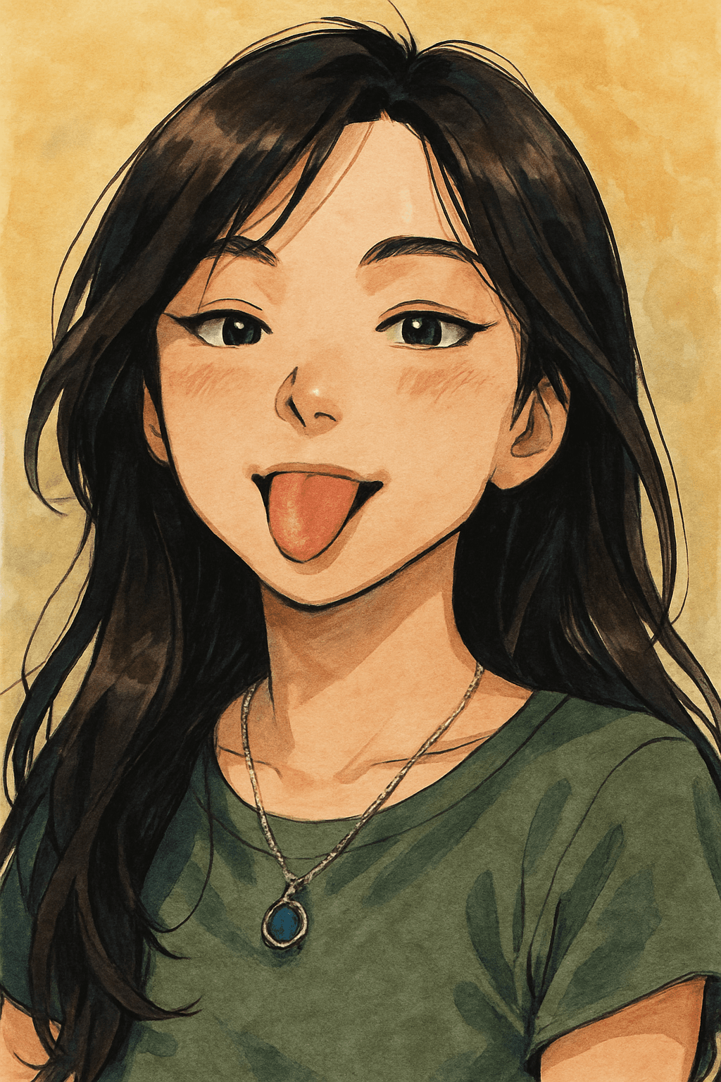 Anime-style watercolor portrait of a playful girl