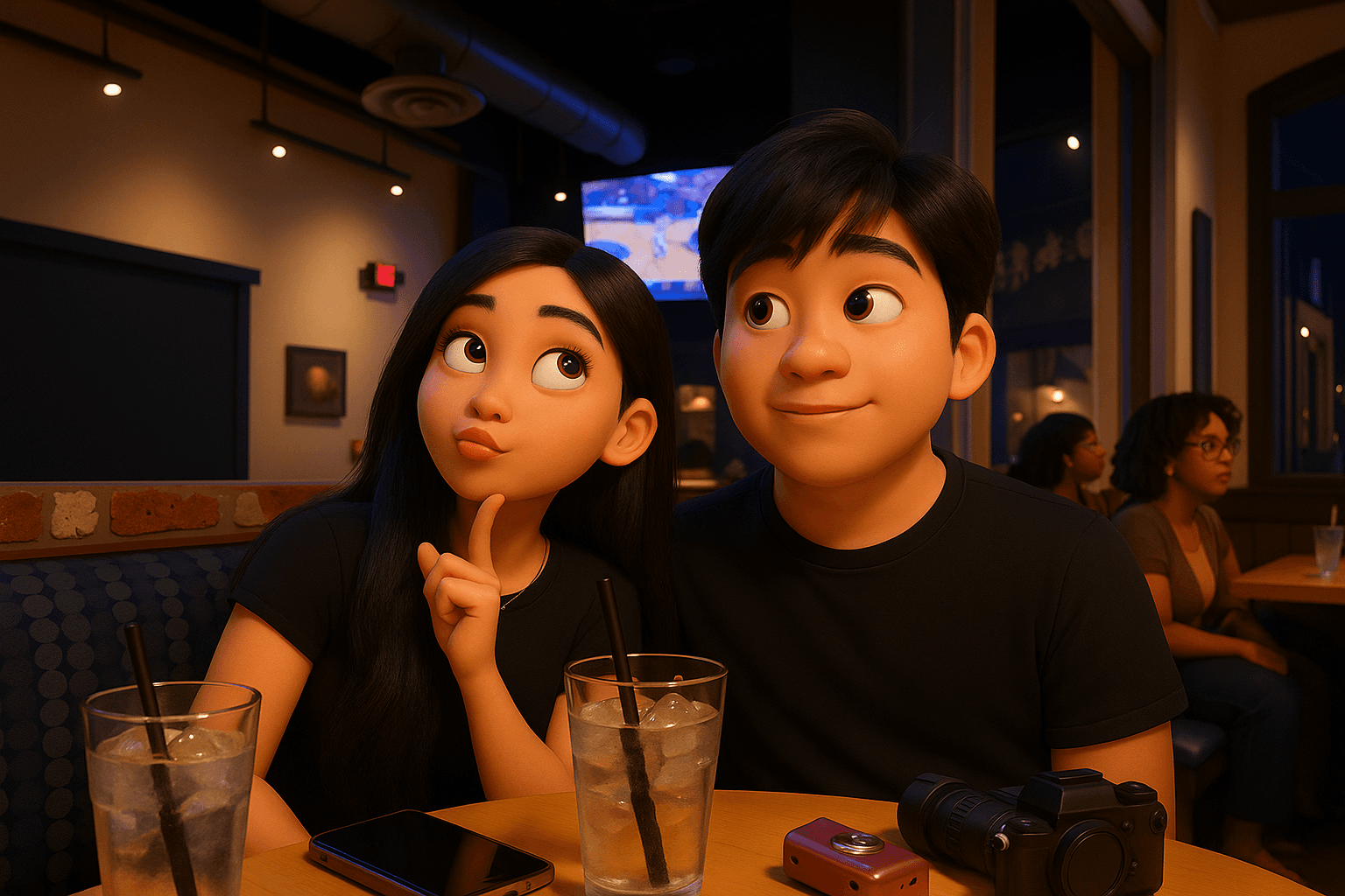 Pixar-style 3D animated couple at a restaurant