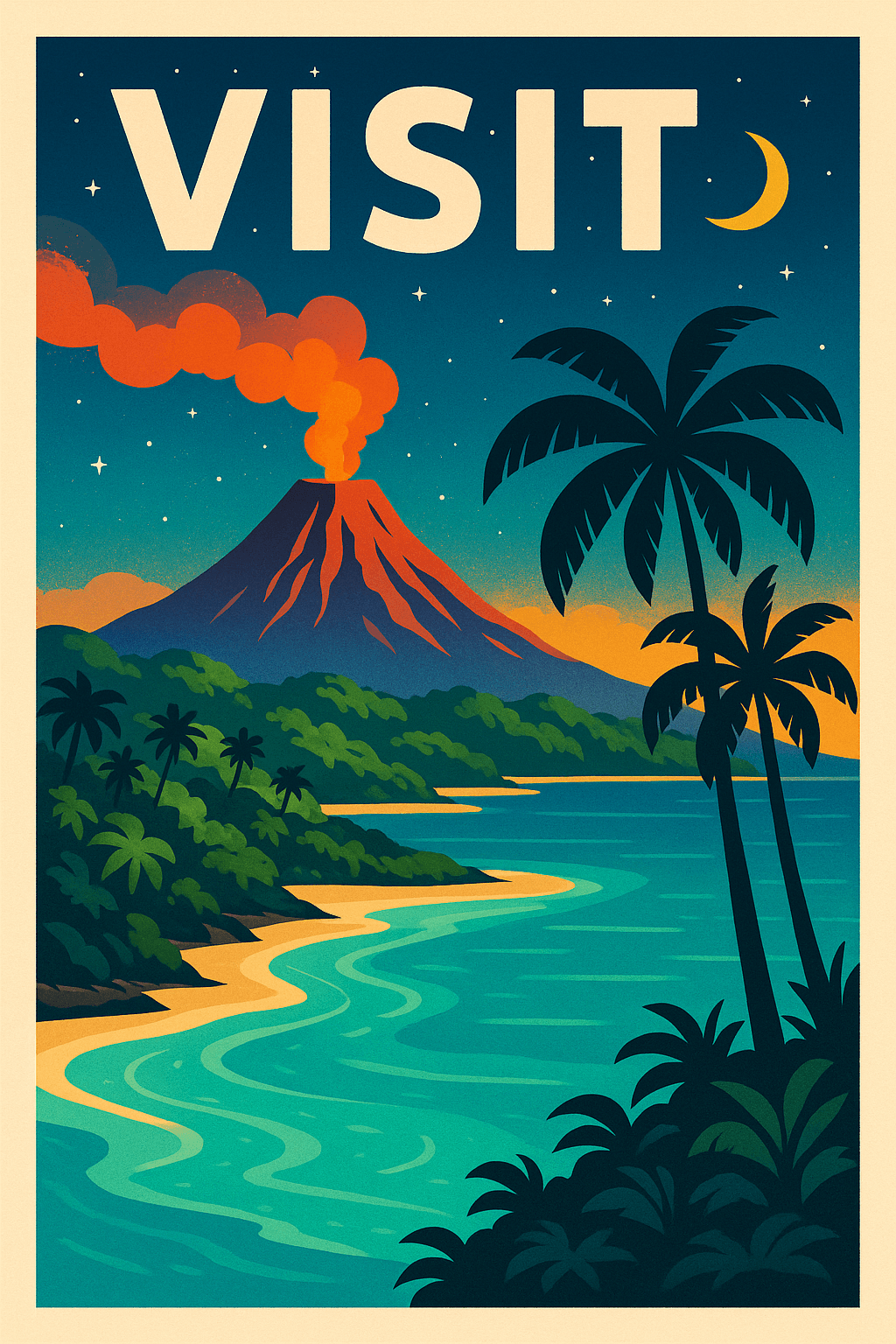 Vintage travel poster with volcano, palm trees and tropical beach