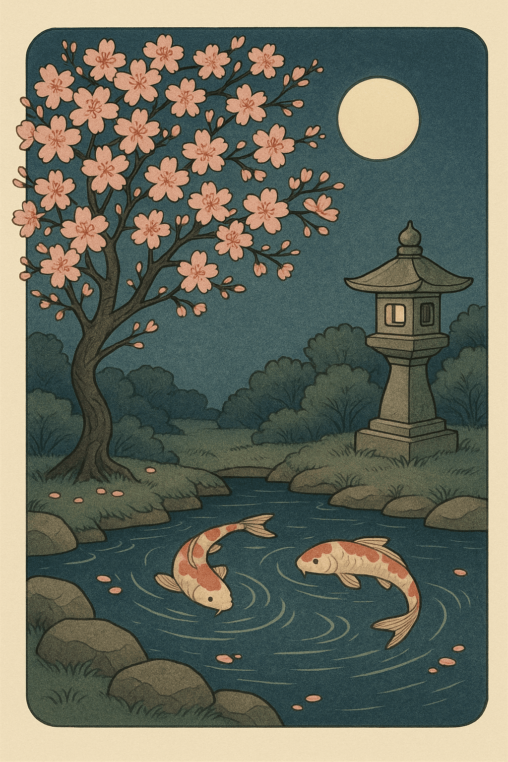 Japanese koi pond with cherry blossom tree and stone lantern under moonlight