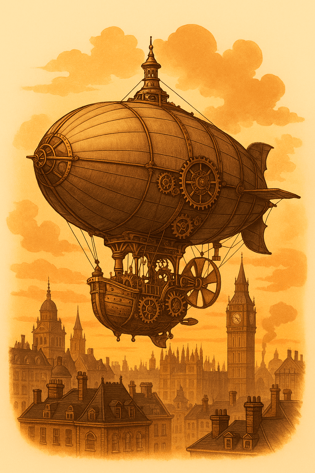 Steampunk airship with gears flying over Victorian London